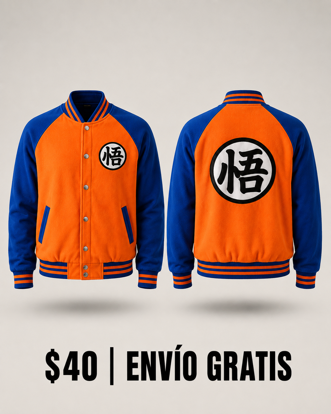 Chaqueta Varsity Goku Kanji Orange & Blue Edition | Ind Store Ecuador - Foto 1