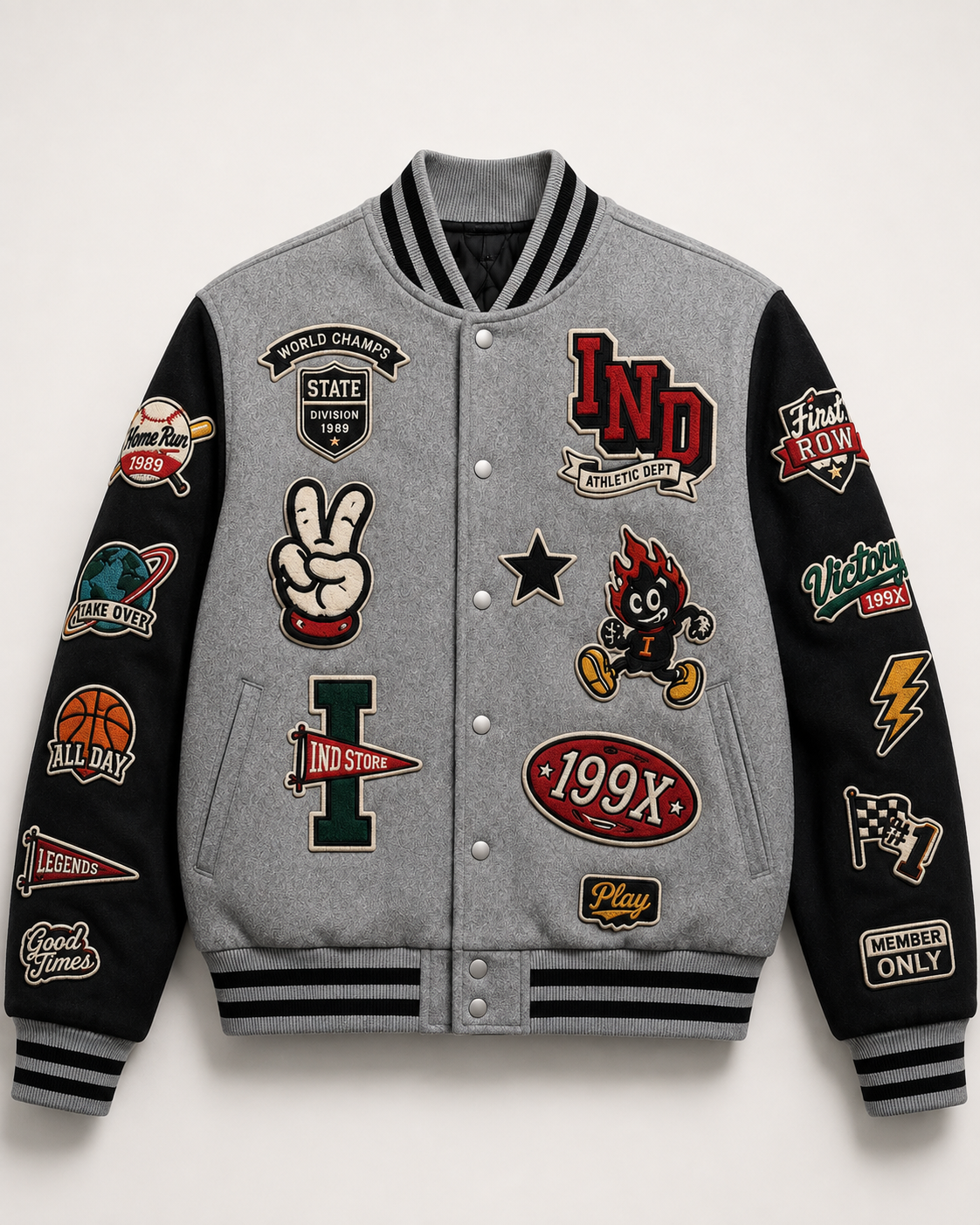 Chaqueta Varsity IND Athletic Patches Grey & Black Edition | Ind Store Ecuador - Foto 1