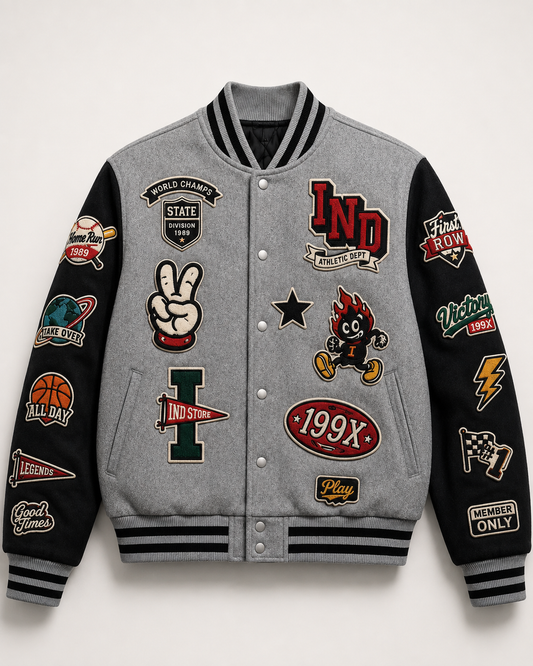 Chaqueta Varsity IND Athletic Patches Grey & Black Edition | Ind Store Ecuador - Foto 1