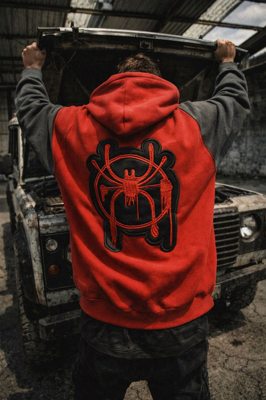 🕷️ SPIDER-VERSE "RAGLAN" HOODIE – RED & CHARCOAL