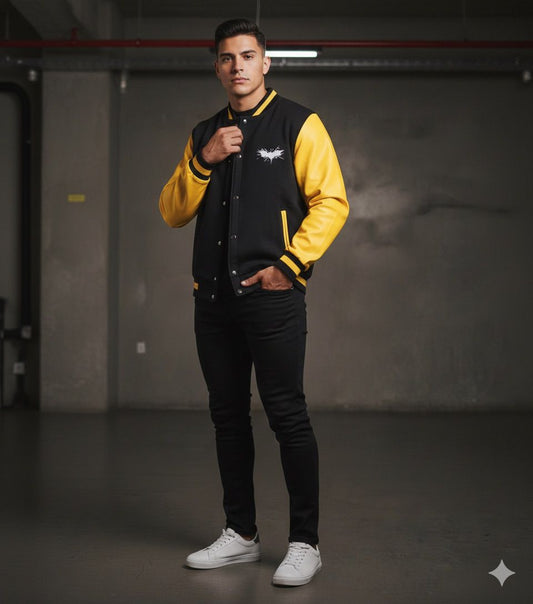 🦇 BATMAN "DARK KNIGHT" VARSITY JACKET – YELLOW & BLACK