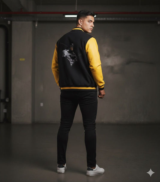 🦇 BATMAN "DARK KNIGHT" VARSITY JACKET – YELLOW & BLACK