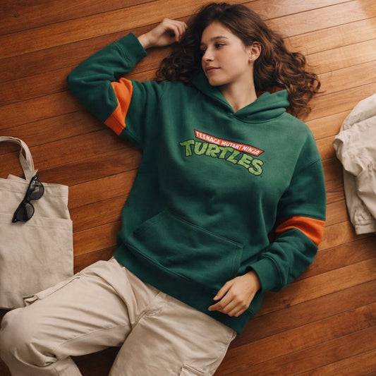 🐢 TMNT "COWABUNGA" HOODIE – TURTLE GREEN & ORANGE