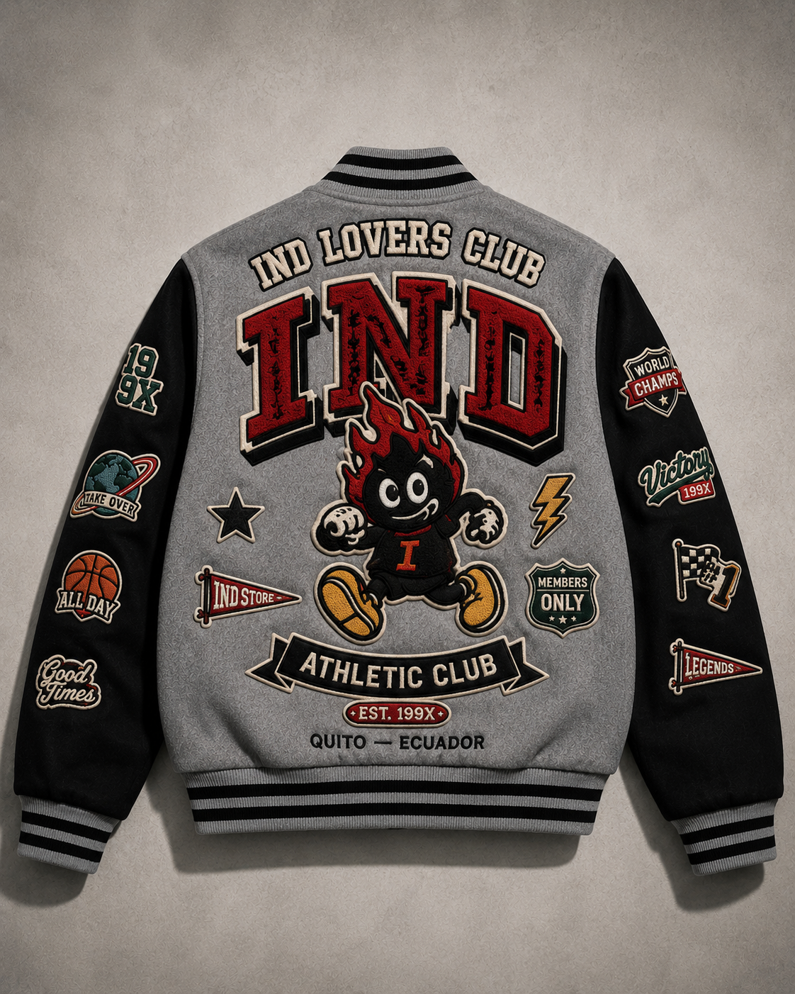 Chaqueta Varsity IND Lovers Club Bordada Grey & Black Edition | Ind Store Ecuador - Foto 1