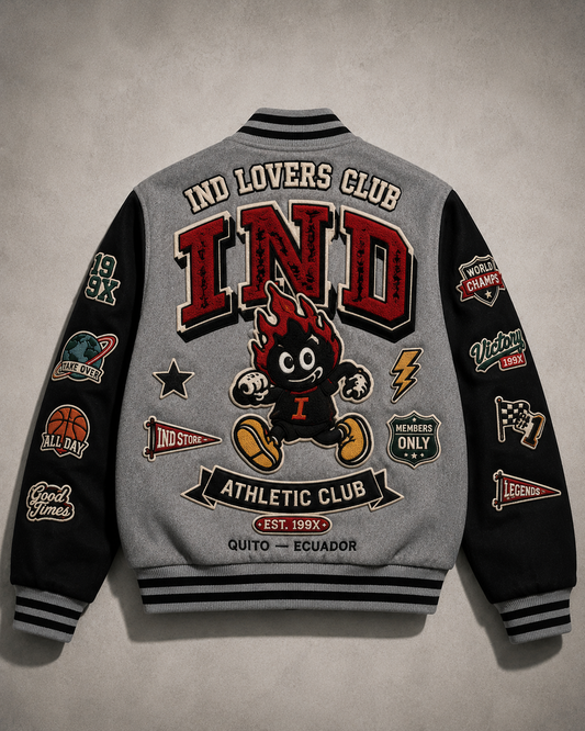 Chaqueta Varsity IND Lovers Club Bordada Grey & Black Edition | Ind Store Ecuador - Foto 1